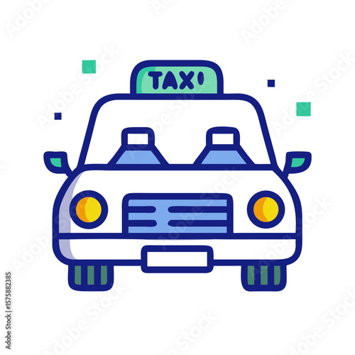 Front view of taxi cab in clean flat line style with sign and headlights, representing transportation, public service, urban travel and city mobility, no background
