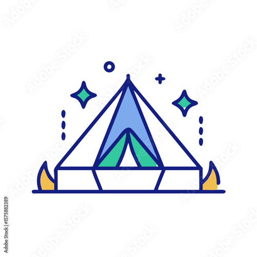 Stylized tent with small stars and campfire accents in flat colorful style, representing camping, outdoor adventure, nature getaway and night under the sky, no background

