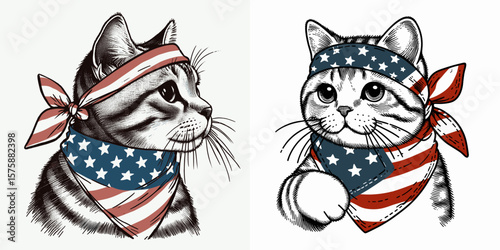 A Domestic Shorthair Cat wear american flag print bandana. Minimal Vintage Grunge Independence Day 4th of July Patriotic Usa America Retro Clipart. Cute feline in stars and stripes neck.
