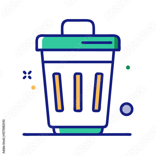 Trash bin in flat minimal colorful style, representing waste disposal, garbage removal, cleanliness, sanitation system and environmental hygiene, no background
