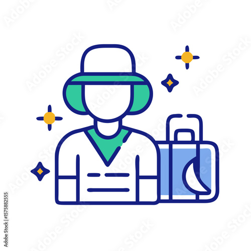 Person wearing a hat and holding a suitcase in flat modern style, representing tourist, traveler, vacation planning, holiday trip and global movement, no background
