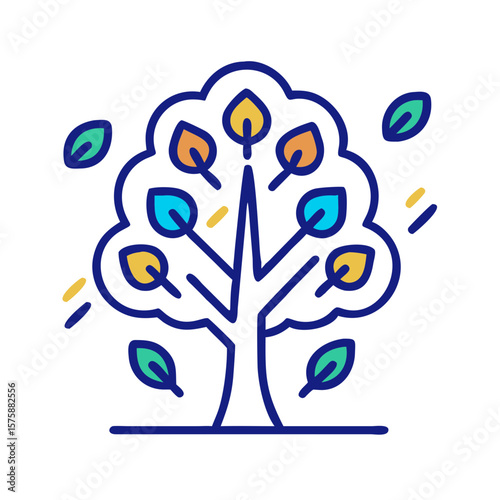 Stylized tree with colorful leaves in flat line design, representing nature, growth, seasonal change, environmental harmony and organic life, no background
