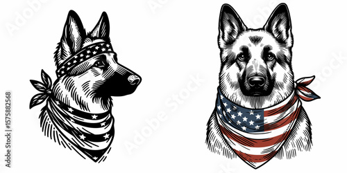 A German Shepherd Dog wear american flag print bandana. Minimal Vintage Grunge Independence Day 4th of July Patriotic Usa America Retro Clipart. Canine pal in neckerchief with banner.