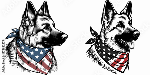 A German Shepherd Dog wear american flag print bandana. Minimal Vintage Grunge Independence Day 4th of July Patriotic Usa America Retro Clipart. Canine in color head covering herder pup.