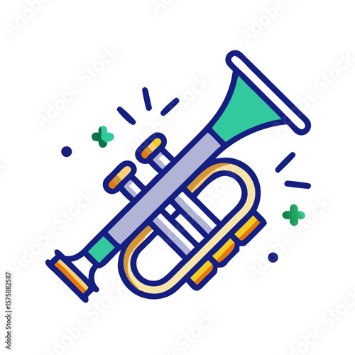 Trumpet in colorful minimal flat style with decorative accents, representing wind instrument, musical performance, classical music, celebration and sound expression
