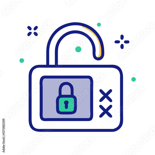Open padlock with a small cross symbol in modern flat style, representing failed access, denied entry, password error, security breach or system vulnerability
