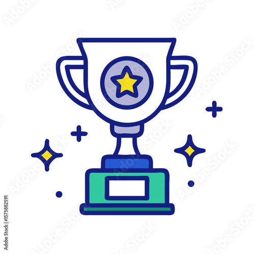Flat minimal trophy cup with star symbol in the center, representing achievement, competition winner, success award, top performance and sports or business excellence
