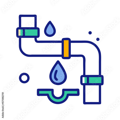 Leaking water pipe system in linear colorful style, representing plumbing issues, water loss, pipe repair, household leakage problems and infrastructure maintenance
