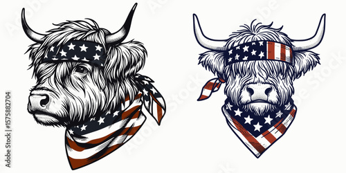 A Highland Cow wear american flag print bandana. Minimal Vintage Grunge Independence Day 4th of July Patriotic Usa America Retro Clipart. Hairy bovine sport neckwear heifer with stars.