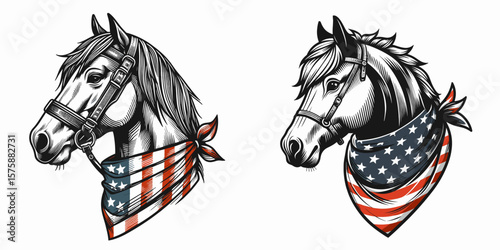 A Horse wear american flag print bandana. Minimal Vintage Grunge Independence Day 4th of July Patriotic Usa America Retro Clipart. Equine donning stars and stripes kerchief neckwear theme.