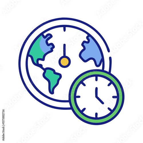 World globe with analog clock overlay in colorful flat line style, representing time zones, global scheduling, international meetings and coordination across regions, no background
