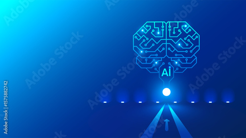Circuit board in shape electronic brain with gyrus, symbol AI hanging in cyberspace. Symbol of computer neural networks, artificial intelligence or AI and AGI. AI agent hardware conceptual banner.