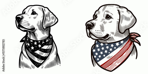 A Labrador Retriever Dog wear american flag print bandana. Minimal Vintage Grunge Independence Day 4th of July Patriotic Usa America Retro Clipart. Golden canine sport neckwear united.