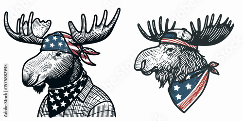 A Moose wear american flag print bandana. Minimal Vintage Grunge Independence Day 4th of July Patriotic Usa America Retro Clipart. Big mammal sport national banner neckwear head covering.