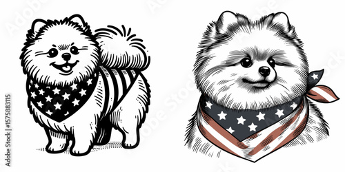 A Pomeranian Dog wear american flag print bandana. Minimal Vintage Grunge Independence Day 4th of July Patriotic Usa America Retro Clipart. Small canine with neckwear banner design neck.