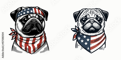 A Pug Dog wear american flag print bandana. Minimal Vintage Grunge Independence Day 4th of July Patriotic Usa America Retro Clipart. Short snout canine in scarf with stars and stripe pattern.