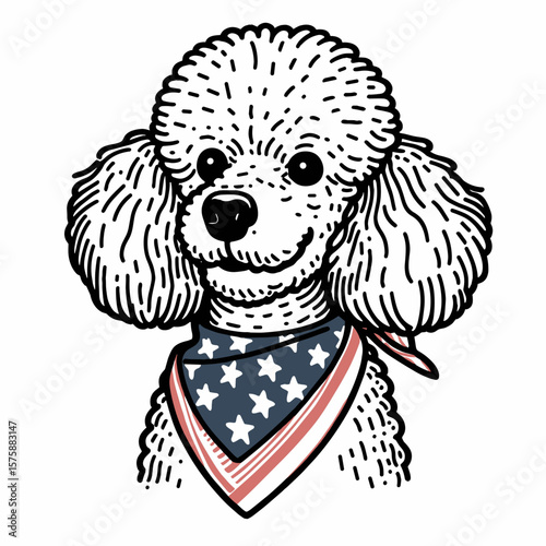 A Poodle Dog wear american flag print bandana. Minimal Vintage Grunge Independence Day 4th of July Patriotic Usa America Retro Clipart. Curly canine in stars and stripes neckwear pet.