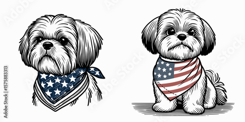 A Shih Tzu Dog wear american flag print bandana. Minimal Vintage Grunge Independence Day 4th of July Patriotic Usa America Retro Clipart. Little canine with bandanna showing united states.