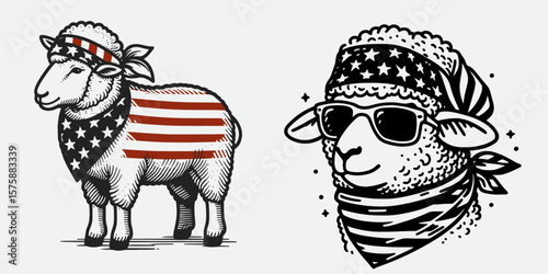 A Sheep wear american flag print bandana. Minimal Vintage Grunge Independence Day 4th of July Patriotic Usa America Retro Clipart. Wooly animal in stars and stripes neckerchief theme.