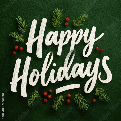 Happy Holidays greeting featuring handwritten typography with festive decorations on a green background