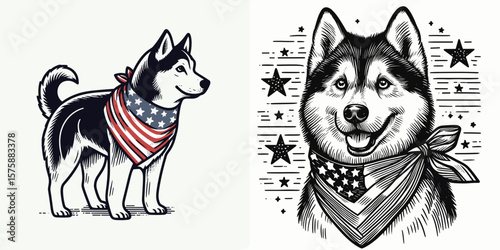 A Siberian Husky Dog wear american flag print bandana. Minimal Vintage Grunge Independence Day 4th of July Patriotic Usa America Retro Clipart. Canine in neckwear with banner pattern.
