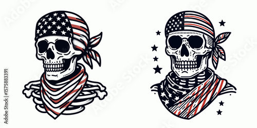 A skeleton wear american flag print bandana. Minimal Vintage Grunge Independence Day 4th of July Patriotic Usa America Retro Clipart. Bony figure in scarf with stars and stripes design.