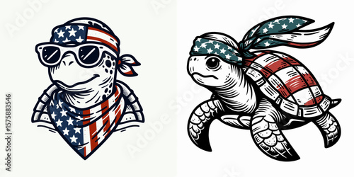 A Turtle wear american flag print bandana. Minimal Vintage Grunge Independence Day 4th of July Patriotic Usa America Retro Clipart. Reptile donning stars and stripes neckwear head covering.