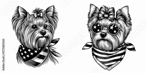 A Yorkshire Terrier Dog wear american flag print bandana. Minimal Vintage Grunge Independence Day 4th of July Patriotic Usa America Retro Clipart. Small yorkie canine display banner.