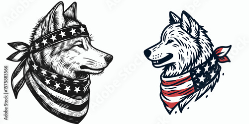 A Wolf wear american flag print bandana. Minimal Vintage Grunge Independence Day 4th of July Patriotic Usa America Retro Clipart. Canine in neckwear with star pattern head covering for pet.