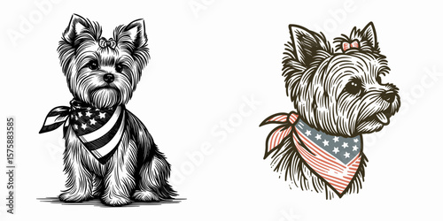 A Yorkshire Terrier Dog wear american flag print bandana. Minimal Vintage Grunge Independence Day 4th of July Patriotic Usa America Retro Clipart. Small yorkie in banner neckerchief canine.