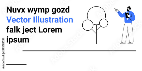 Man in formal attire pointing at text with clipboard, next to outlined tree and placeholder text. Ideal for education, presentations, teamwork, communication, business planning, analytics, simple