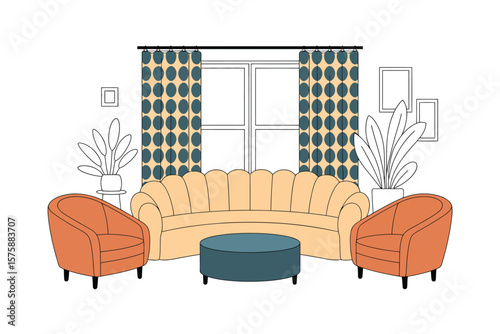 Cozy living room illustration features a beige sofa, armchairs, blue ottoman, patterned curtains, and potted plants for a modern home decor.