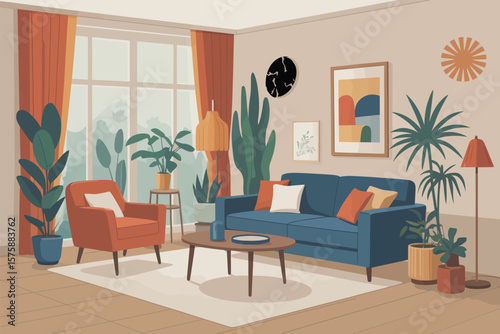 Home interior with blue sofa, plants, art, and window creates a warm and inviting modern living room space, perfect for relaxation.