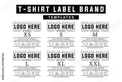 Editable Streetwear Neck Label Templates. Premium Cotton Apparel Tags with Washing Instructions and Size Options