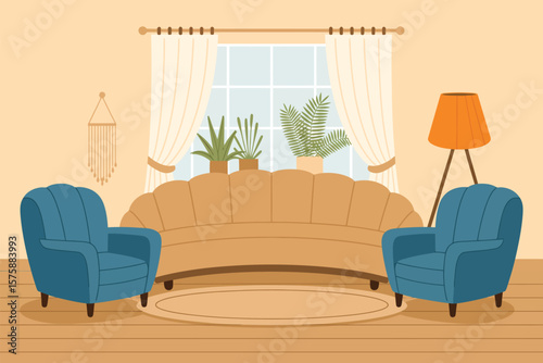 A charming interior showcasing a cozy living room scene with a stylish sofa, blue armchairs, plants, and a warm floor lamp.