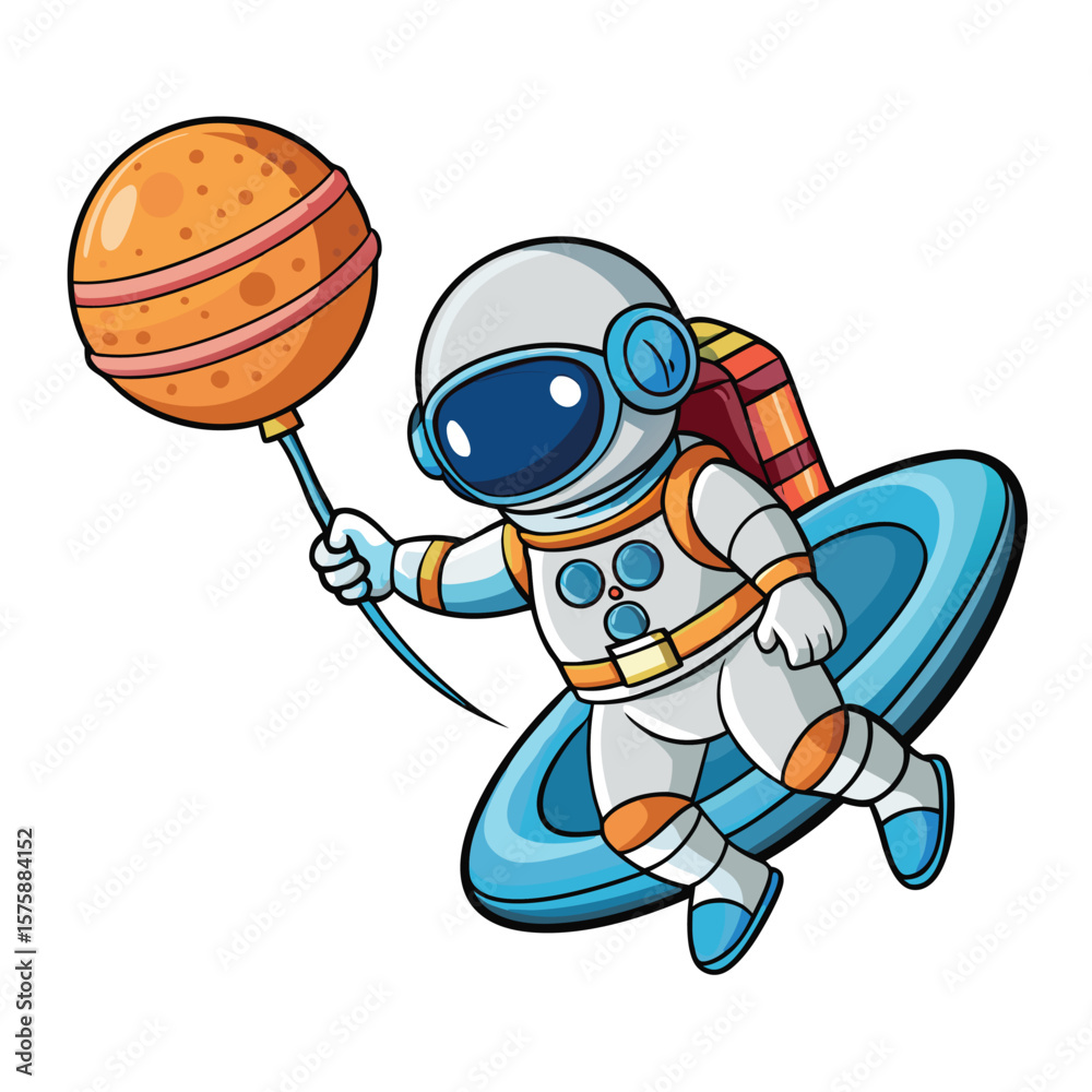 Obraz premium Cartoon astronaut in space suit holding a candy-like planet