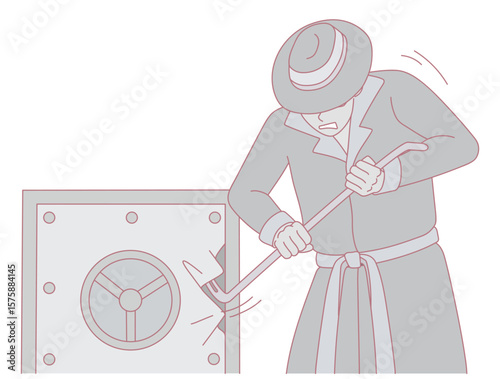 A whimsical, cartoonish character is attempting to violently force open a secure safe, symbolizing theft or burglary