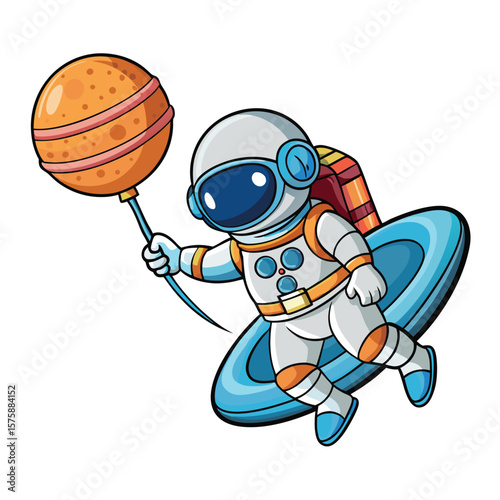 Cartoon astronaut in space suit holding a candy-like planet