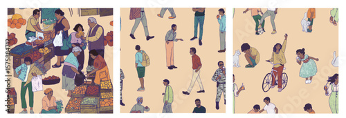 City life, silhouettes of many people. Summer set of three patterns with men and women of different ages and activities in calm natural retro colors on a light wallpaper background