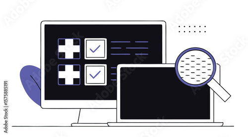 Flat style illustration of computer screens with interface checkboxes and magnifying glass for data analysis
