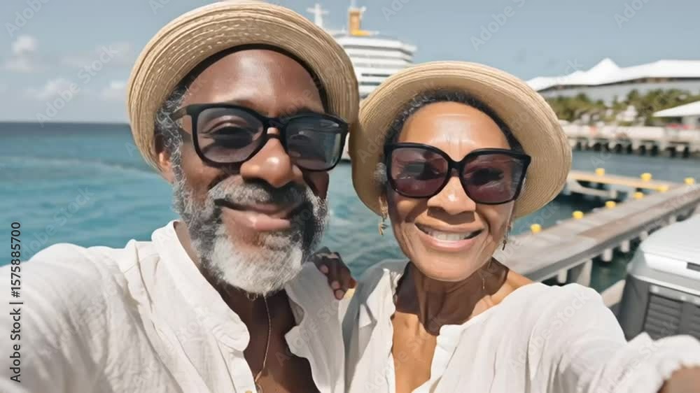pareja senior de piel morena afroamericanos, con gafas de  sol, sombreros de paja y blusas blancas, posando a la camara y hablando, con fondo de puerto, mar y un barco de crucero grande blanco. 