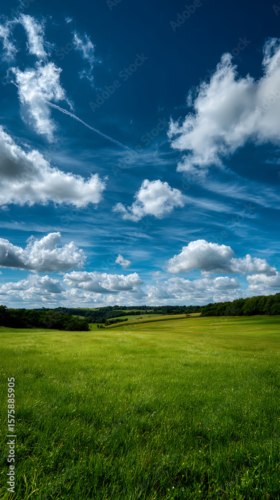 Obraz premium Green Field Landscape with Dramatic Blue Sky and Clouds