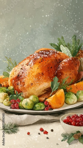 Festive roasted turkey with seasonal vegetables and garnishes on a platter for a holiday gathering