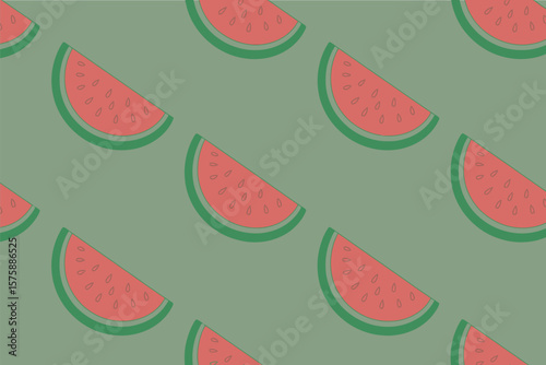 Repetitive vibrant watermelon slices arranged in a fun seamless pattern on a green background.