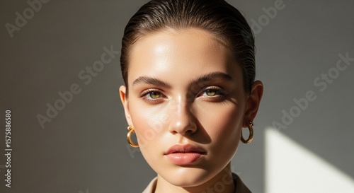 Portrait of a clean girl aesthetic young woman with glowing natural skin, slicked-back hair, minimal makeup, gold hoop earrings, wearing a neutral-toned outfit in soft daylight, calm and elegant backg