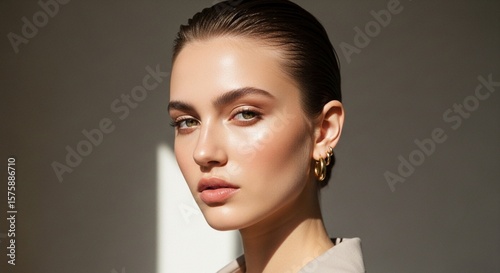 Portrait of a clean girl aesthetic young woman with glowing natural skin, slicked-back hair, minimal makeup, gold hoop earrings, wearing a neutral-toned outfit in soft daylight, calm and elegant backg