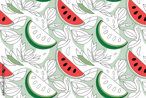 Seamless backdrop showcases vibrant watermelon slices and delicate leaves against a soft green tone.