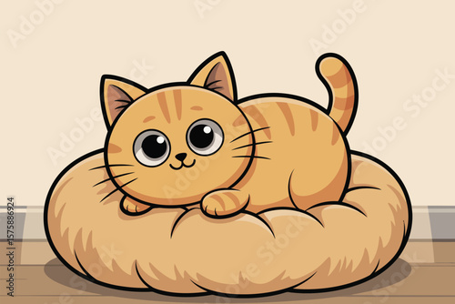 Adorable cartoon ginger kitten with stripes rests comfortably on its soft, cozy pet bed with a warm color palette.