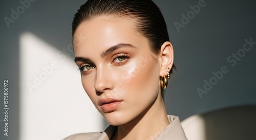 Portrait of a clean girl aesthetic young woman with glowing natural skin, slicked-back hair, minimal makeup, gold hoop earrings, wearing a neutral-toned outfit in soft daylight, calm and elegant backg