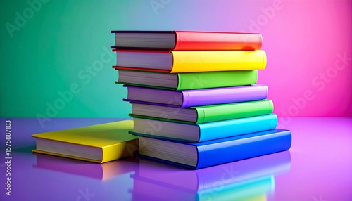 Wallpaper Mural Stacked books and objects with vivid primary-colored covers, shot from the side on a saturated gradient surface with soft studio lighting. Torontodigital.ca